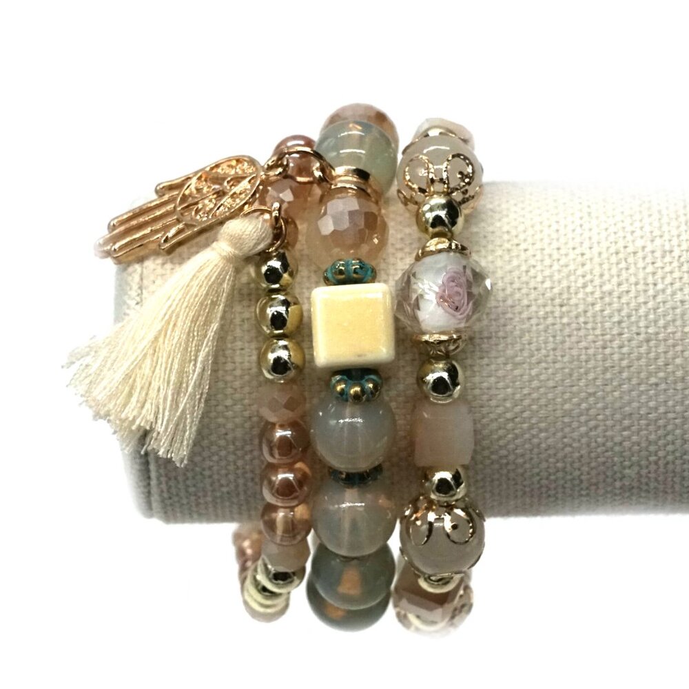 Bracelet Three Strands Beads Hamsa Charm Tassel OS. - Picture 2 of 2